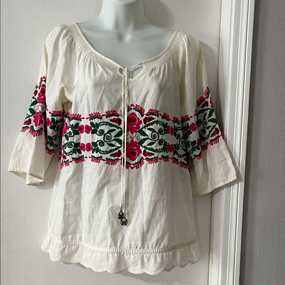 Juicy Couture white Blouse with Pink and Green Embroidery